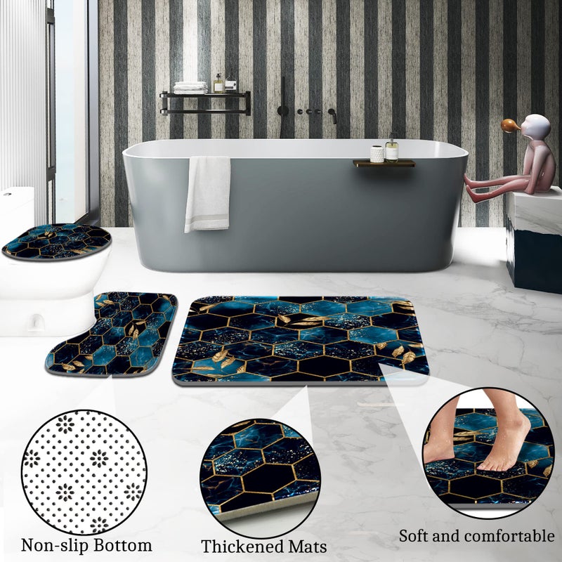 Poedist 4 Pcs Bathroom Shower Curtain Set Bathroom Sets with Rugs(Bath Mat U Shape and Toilet Lid Cover Mat) and 12 Hooks Sky Blue Honeycomb Marble - Image 4